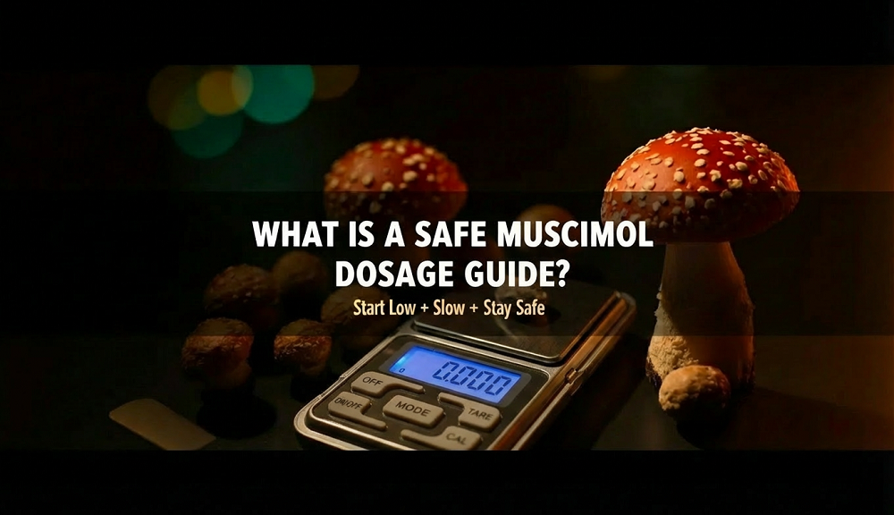 Digital scale with Amanita mushrooms and the text: "What is a safe muscimol dosage chart? Start low + slow + stay safe" on a dark background.