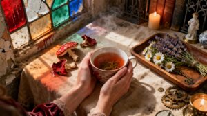 A person holds a cup of herbal tea at a table with dried mushrooms, flowers, metal gears, a lit candle, and books near a stained glass window.
