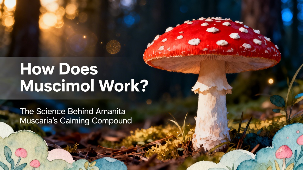 A red and white spotted Amanita muscaria mushroom stands in a forest clearing, with text about muscimol’s calming effects and botanical illustrations at the bottom.