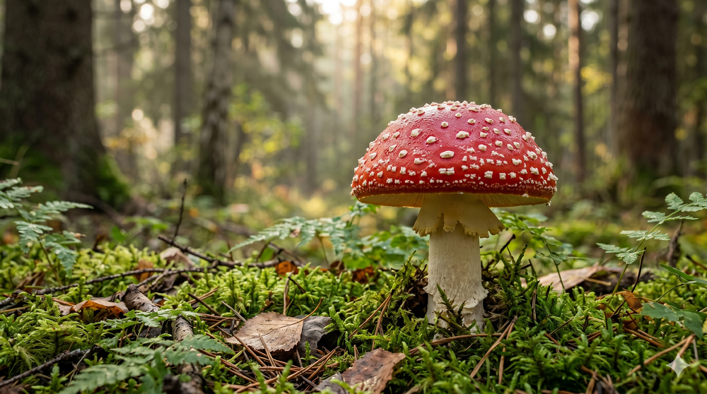 A red and white spotted mushroom, likely an Amanita muscaria, grows on mossy forest ground with trees and sunlight in the background.