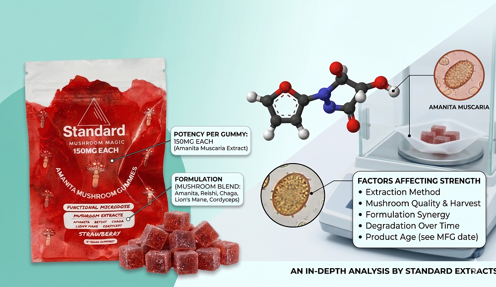 Infographic explaining potency and factors affecting strength of Muscaria mushroom gummies, featuring a product bag, molecular model, and key points about extraction and formulation.