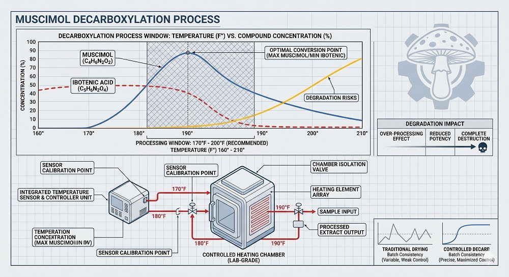 A technical diagram explains the muscimol decarboxylation process with temperature vs. concentration graphs, equipment illustrations, and related process notes.

