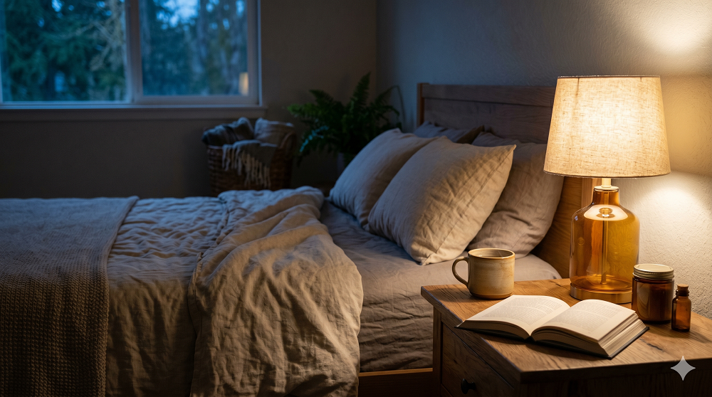 A cozy bedroom with an unmade bed, a bedside table holding a lamp, an open book, a mug, and small jars, with a window showing trees outside.