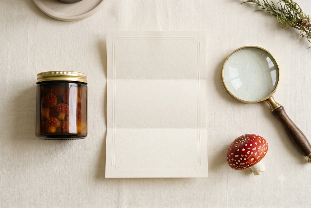 A blank folded sheet of paper lies on a table with a jar of mushrooms, a magnifying glass, a red mushroom, and a sprig of rosemary.