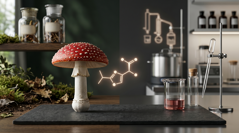 A red and white mushroom sits on a slate surface, surrounded by lab glassware and scientific equipment in a split forest-laboratory setting.