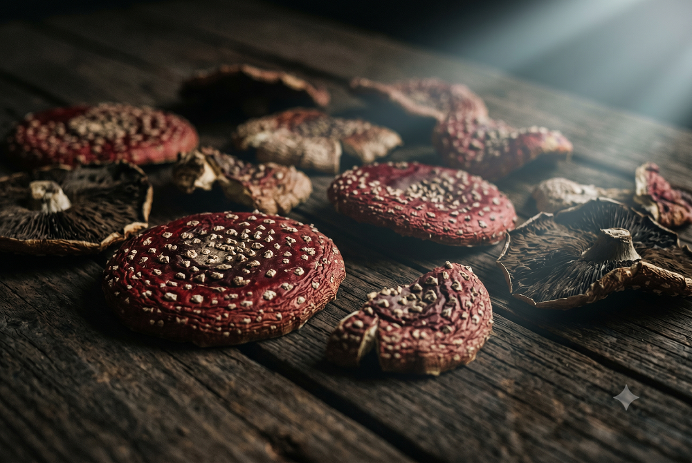Red and brown mushrooms with textured caps and gills are spread on a rustic wooden surface, illuminated by natural light from the upper right.