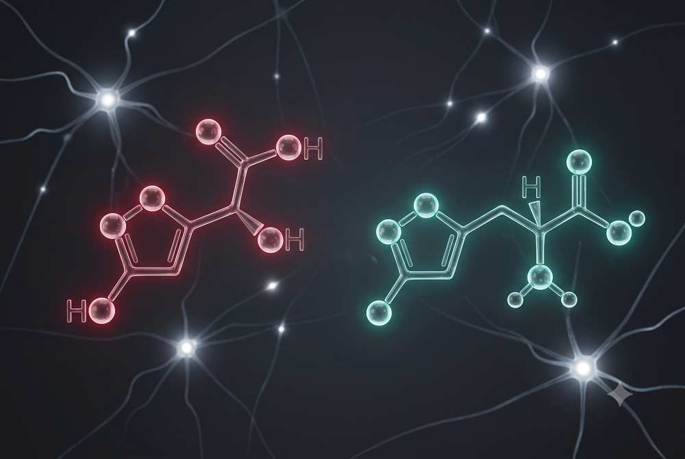 Two molecular structures are shown against a dark background with glowing neural network patterns; one molecule is highlighted in red, the other in blue-green.